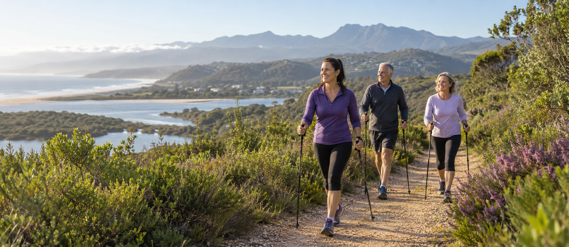A group Nordic Walking through scenic Garden Route fynbos with mountains and water in the background